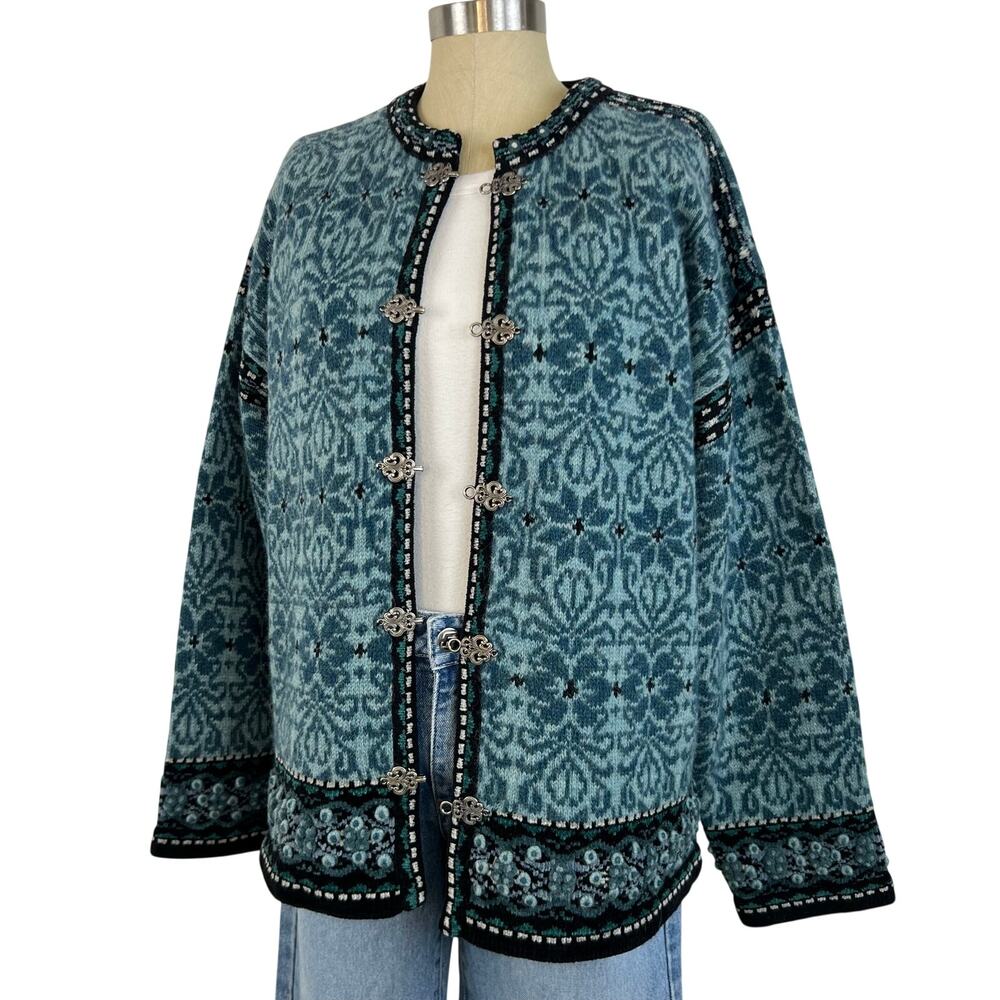 Vintage Nordic Design Blue Black Patterned Silver Clasp Sweater Cardigan (Sz XL)
